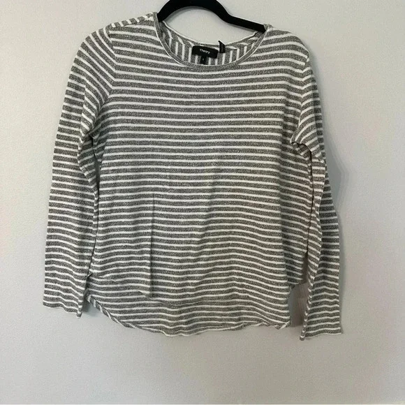 Theory Long Sleeve Gray & White Stripe Crew Neck Hi/Lo Cotton Sweater Size S GUC - Picture 2 of 8